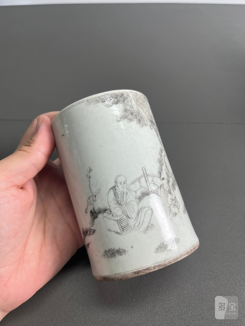 民国 刻瓷高仕人物诗文笔筒 - 图7
